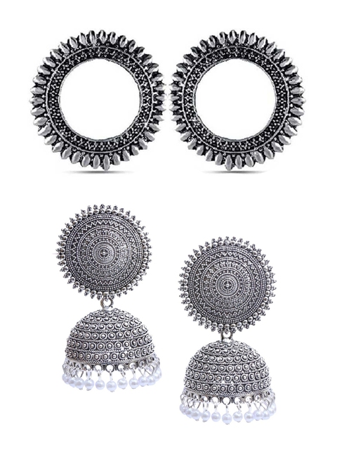 

Vembley Set Of 2 Silver-Plated Oxidised Contemporary Jhumkas Earrings