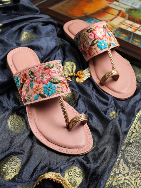 

HASTEN Women Pink Printed Leather Ethnic One Toe Flats with Bows
