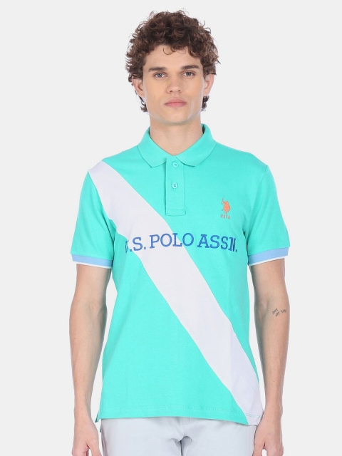 

U S Polo Assn Men Turquoise Blue Typography Printed Polo Collar Cotton T-shirt
