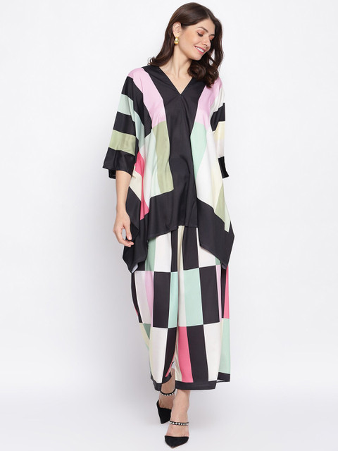 

iki chic Women White & Black Printed Tunic with Palazzos