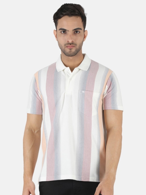 

Monte Carlo Men White & Grey Striped Polo Collar T-shirt