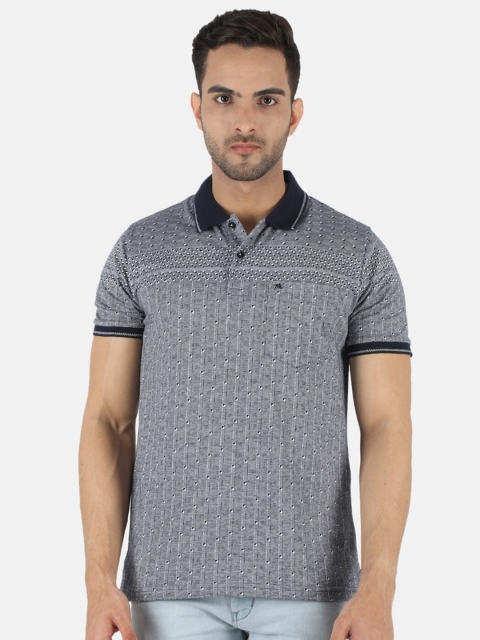 

Monte Carlo Plus Size Men Grey Melange Geometric Printed Polo Collar Cotton T-shirt