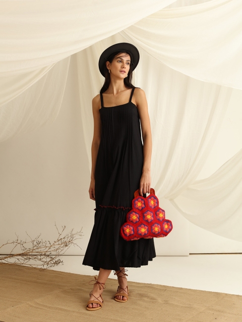 

blue hour Black A-Line Midi Solid Cotton Dress