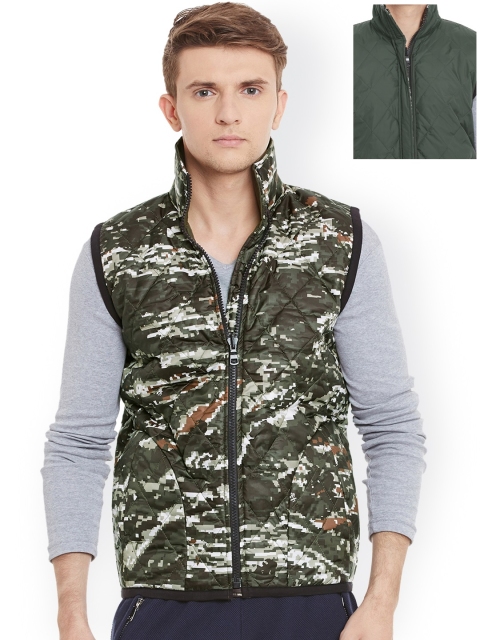 

Wear Your Mind Men Olive Green Printed Reversible Quilted Jacket