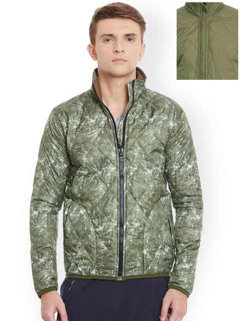 

Wear Your Mind Men Olive Green Printed Reversible Quilted Jacket
