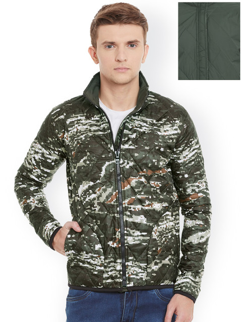 

Wear Your Mind Men Olive Green Printed Reversible Quilted Jacket