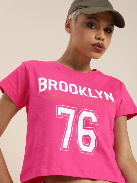 

DILLINGER Women Pink & White Typography Pure Cotton Crop T-shirt