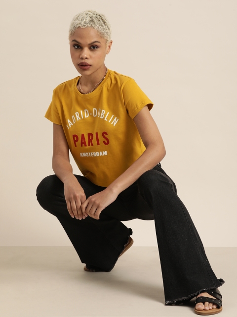 

DILLINGER Women Mustard Yellow & Red Typography Pure Cotton Crop T-shirt