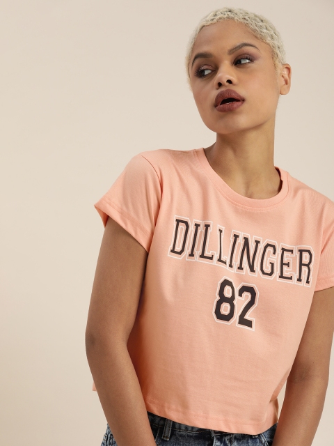 

DILLINGER Women Peach-Coloured & Black Brand Logo Cotton Crop T-shirt