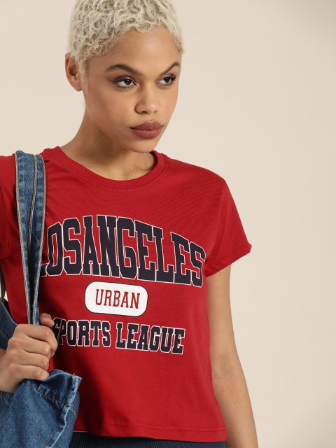 

DILLINGER Women Red & Black Typography Pure Cotton Crop T-shirt