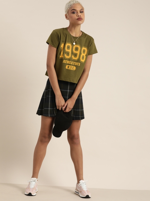 

DILLINGER Women Olive Green & Yellow Typography Cotton Crop T-shirt