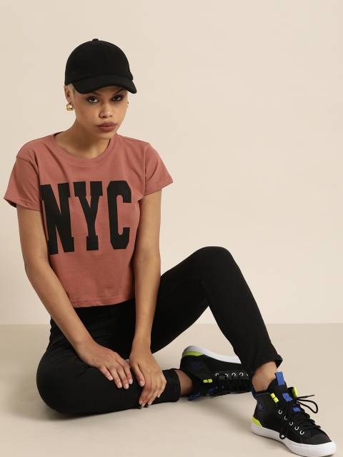 

DILLINGER Women Peach-Coloured & Black Typography Printed Cotton T-shirt