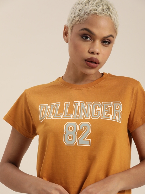 

DILLINGER Women Mustard Brown & Blue Typography Pure Cotton Crop T-shirt