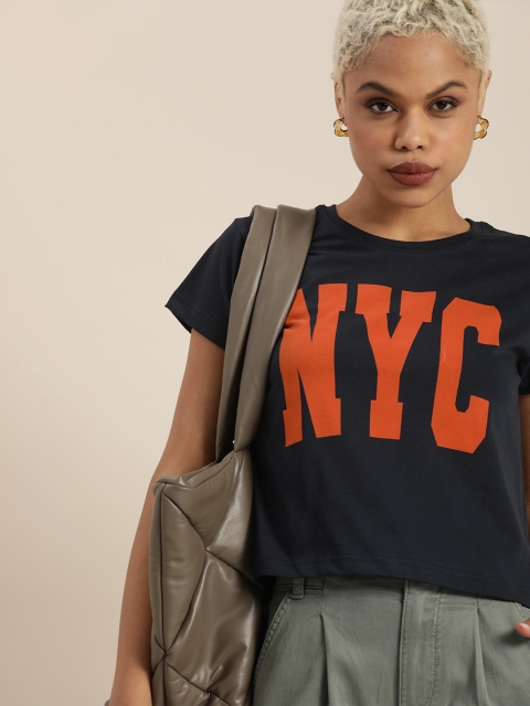 

DILLINGER Women Navy Blue & Orange Typography Pure Cotton Crop T-shirt