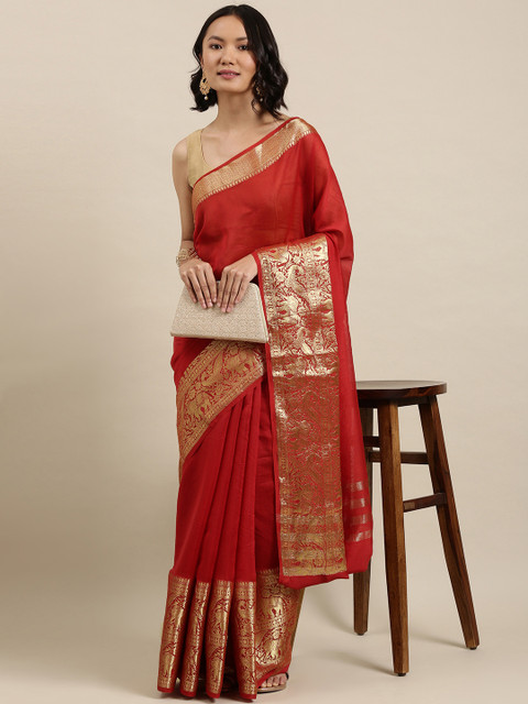 

Suta Red & Silver-Toned Silk Cotton Banarasi Saree