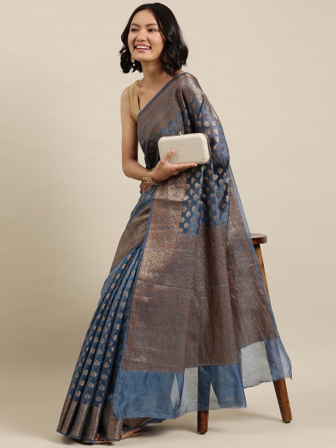 

Suta Blue & Golden Ethnic Motifs Woven Design Pure Banarasi Silk saree