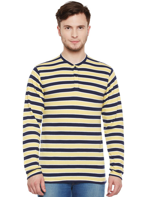 

Club York Men Yellow Striped Henley Neck T-shirt