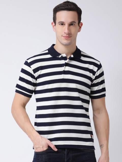 

Club York Men Navy Blue & White Striped Polo Collar Cotton T-shirt