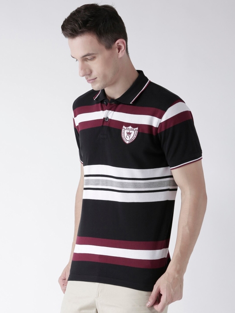 

Club York Men Black & White Striped Polo Collar Applique T-shirt
