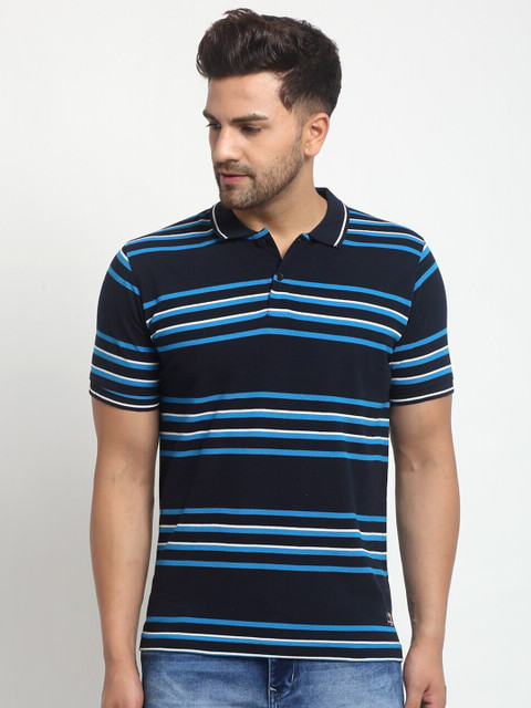 

Club York Men Navy Blue Striped Polo Collar Cotton T-shirt
