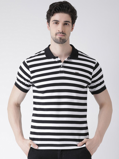 

Club York Men Black & White Striped Polo Collar Monochrome T-shirt