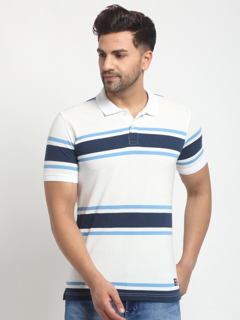 

Club York Men White & Navy Blue Striped Regular Fit Pure Cotton Polo Collar T-shirt