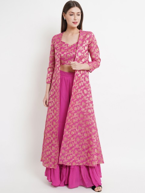 

Purple State Women Pink Ethnic Motifs Crop Top & Sharara With Woven Design Shrug