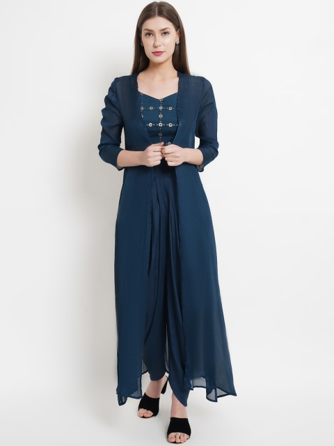 

Purple State Women Teal Blue Sequinned Crop Top & Dhoti Pants With Shrug