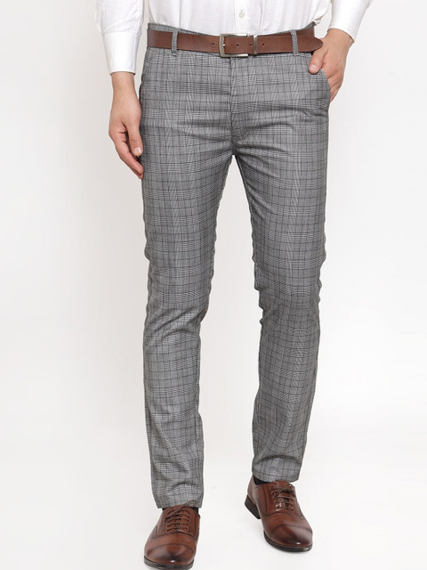 

JAINISH Men Grey Checked Smart Slim Fit Easy Wash Formal Trousers