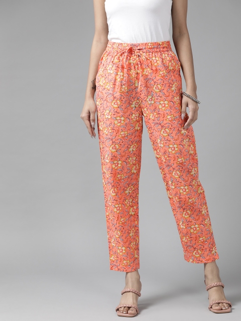 

PANIT Women Peach-Coloured & Yellow Cotton Floral Printed Comfort Fit Trousers