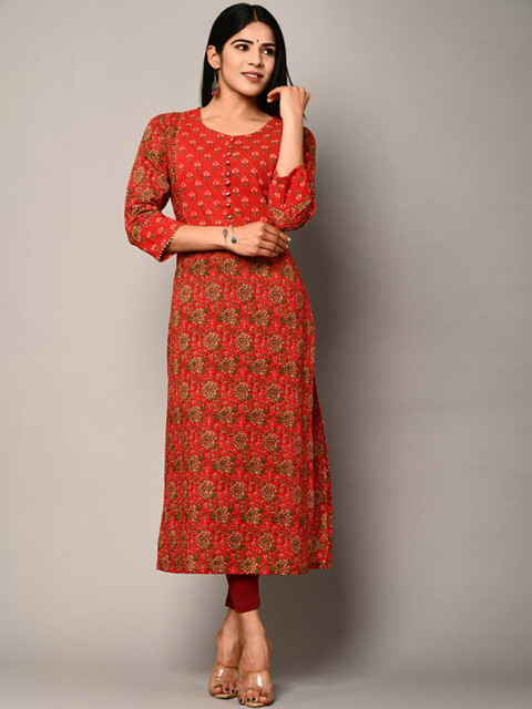

Swasti Women Red P& Green Ethnic Motifs Printed Cotton Gotta Patti A-line Kurta