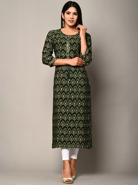 

Swasti Women Olive Green & Beige Geometric Printed Floral Kurta