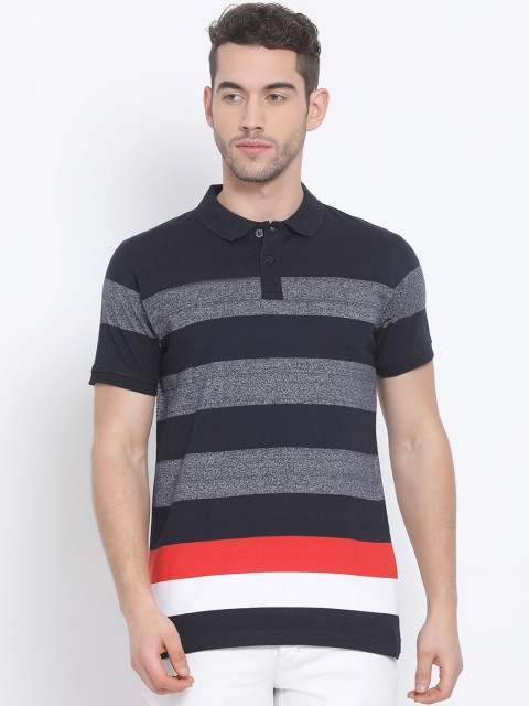 

Club York Men Navy Blue Striped Polo Collar Cotton T-shirt