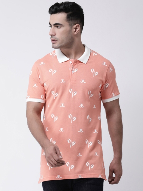 

Club York Men Peach-Coloured & White Floral Printed Polo Collar Cotton T-shirt