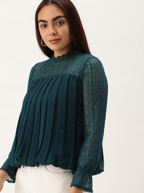 

SHECZZAR Teal Green Solid Lace Detail Blouson Top