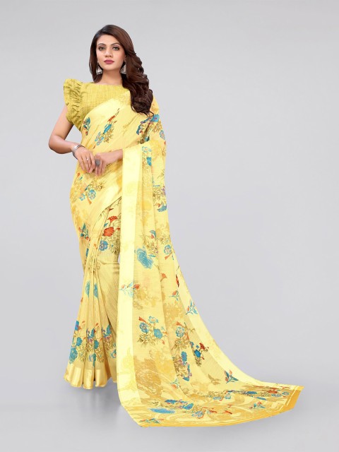 

KALINI Yellow & Blue Floral Printed Bagh Saree