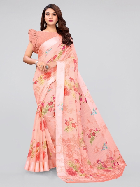 

KALINI Peach-Coloured & Green Floral Bagh Cotton Saree