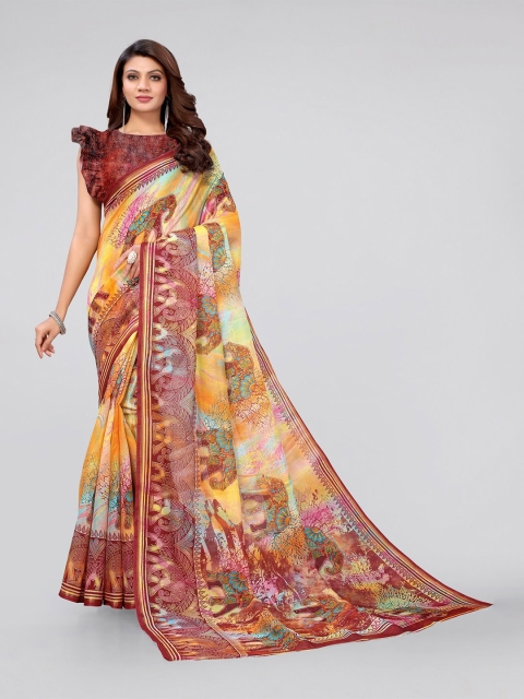 

KALINI Maroon & Yellow Bagh Zari Baluchari Cotton Saree