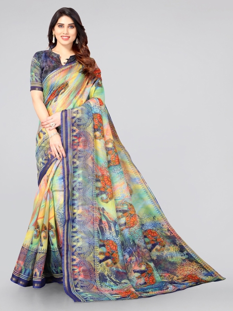 

KALINI Navy Blue & Gold-Toned Ethnic Motifs Printed Baluchari Saree