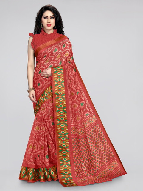 

KALINI Red & Green Ethnic Motifs Zari Ikat Cotton Saree