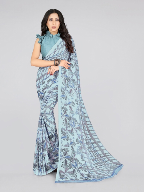 

KALINI Turquoise Blue & Grey Checked Bagh Saree