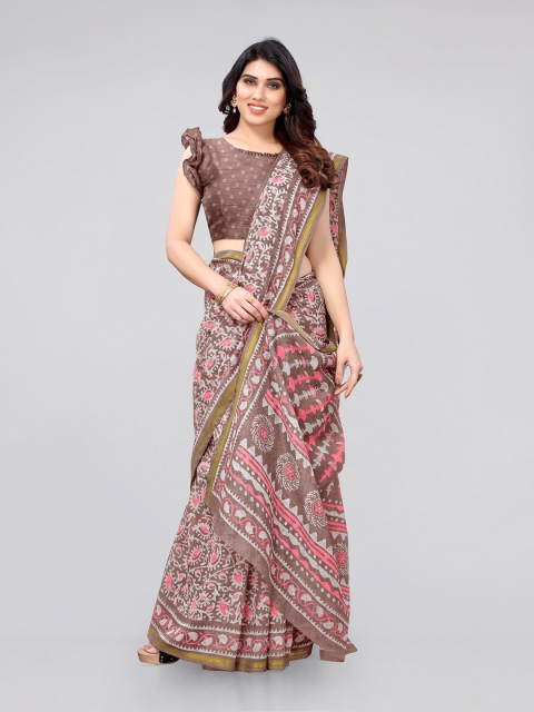 

KALINI Taupe & Gold-Toned Batik Printed Dabu Cotton Designer Saree