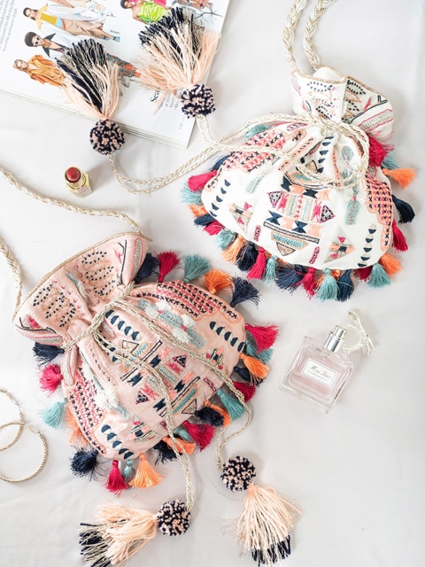 

Payal Singhal Pink Embellished Bucket Handheld Bag with Fringed