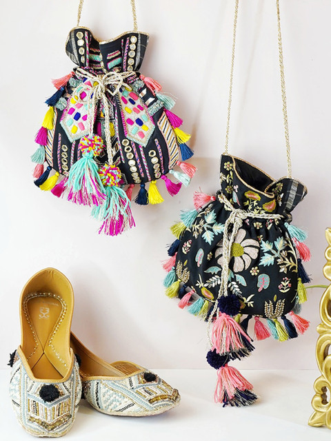 

Payal Singhal Black Printed Bucket Tote Bag with Tasselled