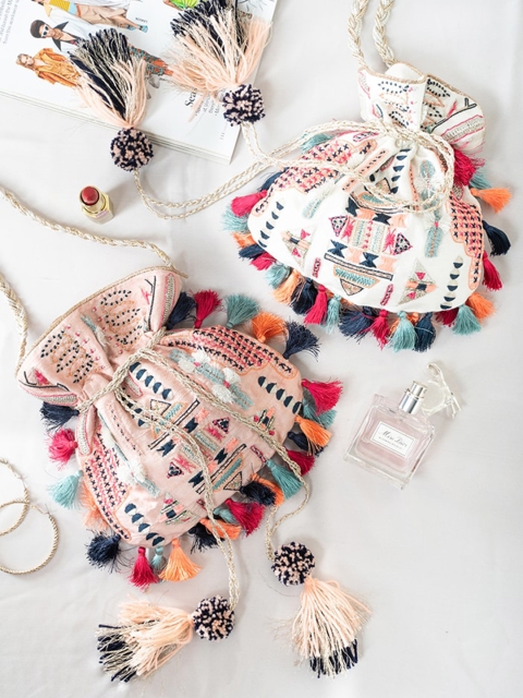 

Payal Singhal White Embellished Bucket Handheld Bag with Fringed