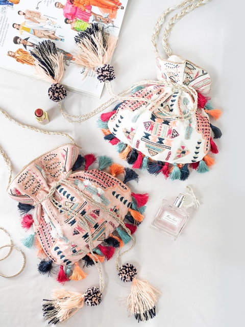 

Payal Singhal White Embellished Bucket Handheld Bag with Fringed