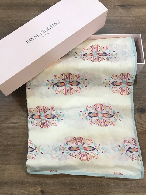 

Payal Singhal Women Cream-Coloured & Blue Silk Printed Scarf