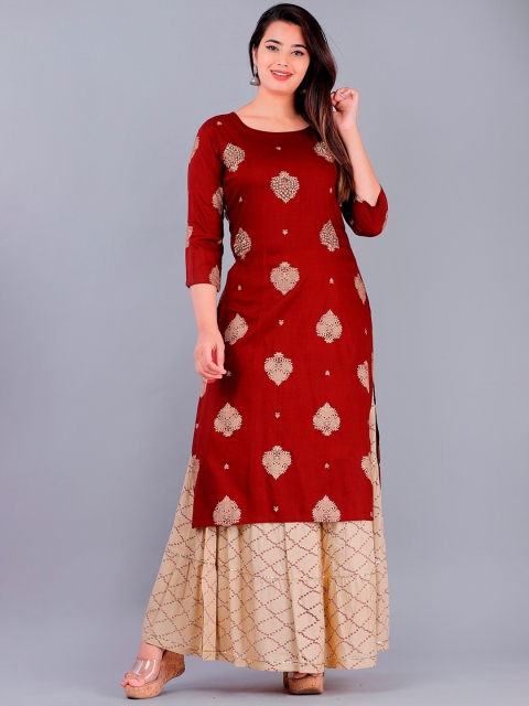 

YAVI Women Maroon Ethnic Motifs Straight Kurta with Skirt
