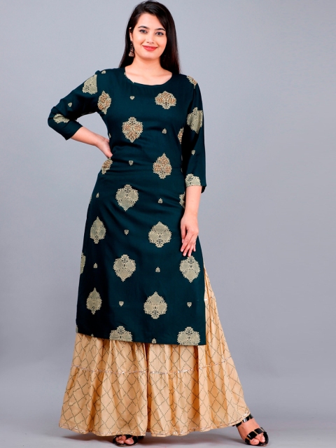 

YAVI Women Green Ethnic Motifs Embroidered Beads and Stones Kurta with Sharara