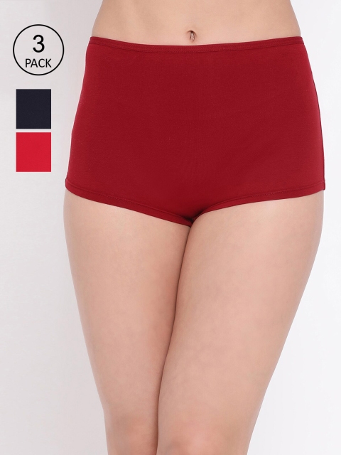 

LYRA Women Pack Of 3 Navy Blue & Red Solid Mid-Rise Boy Shorts